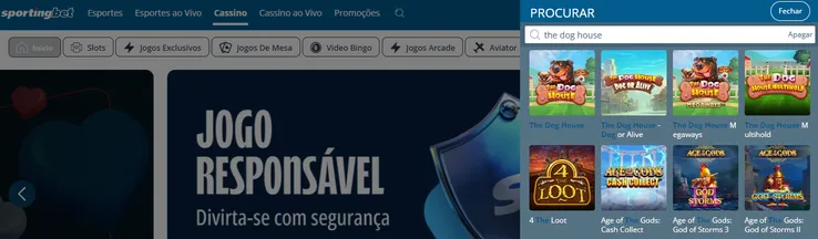 Fundo de tela azul e branco da Sportingbet com os jogos The Dog House no canto direito