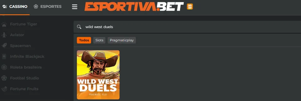  Página da Esportiva bet exibindo o jogo Wild West Duels. A imagem mostra um resultado, destacando um cowboy com duas armas e informações como o estúdio Pragmatic Play.