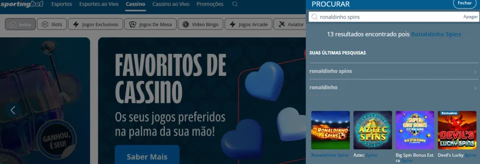 Ronaldinho Spins: tela de pesquisa da plataforma da Sportingbet no Brasil