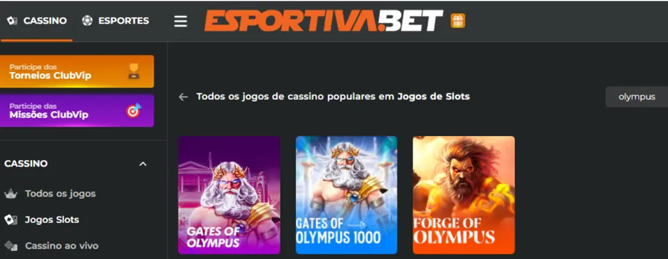 Tela da plataforma EsportivaBet exibindo os jogos de slots populares, incluindo Gates of Olympus, Gates of Olympus 1000 e Forge of Olympus da Pragmatic Play. Ideal para quem busca jogar Forge of Olympus online com bônus e torneios VIP disponíveis no cassino EsportivaBet.