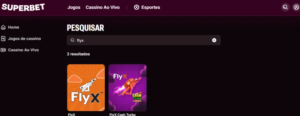 FlyX Cassino: tela de pesquisa da plataforma da SuperBet