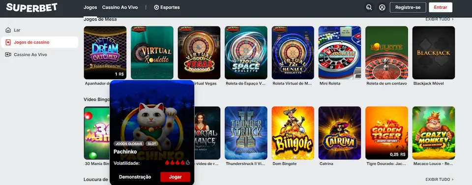 Imagem da plataforma Superbet exibindo vários slots, com o jogo Pachinko em destaque entre gráficos coloridos e interface vibrante.