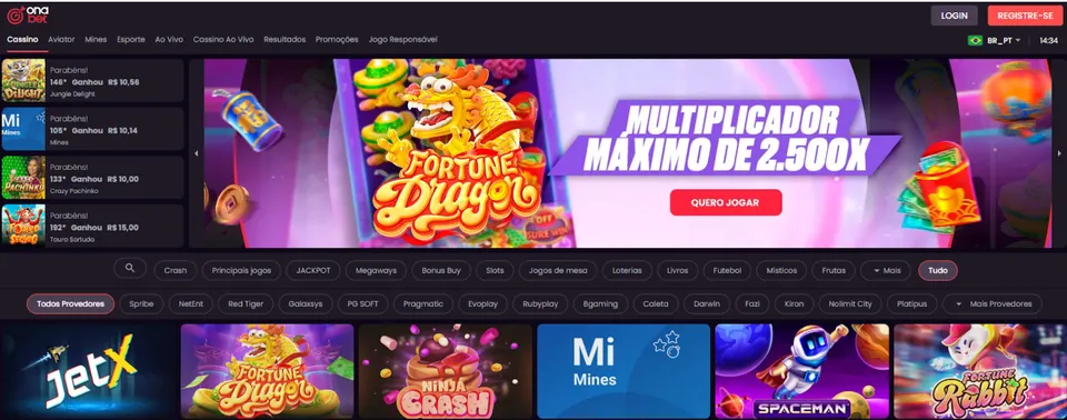 Imagem mostra a página principal da OnaBet, com um grande banner do jogo de aposta Fortune Dragon, que acompanha um prêmio máximo de 2.500x o valor da aposta.