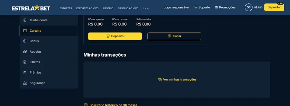 Página dos Saques na Estrela Bet