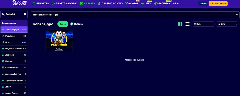 Slot Pachinko em destaque na plataforma Esportes da Sorte, com fundo azul escuro e elementos visuais que seguem a identidade da casa de apostas.
