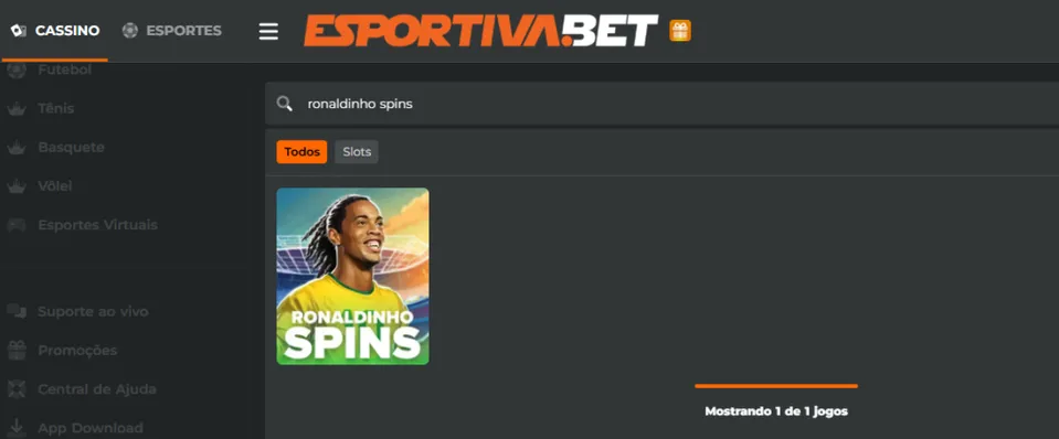 Ronaldinho Spins: página de pesquisa da Esportiva Bet com o jogo do Ronaldinho