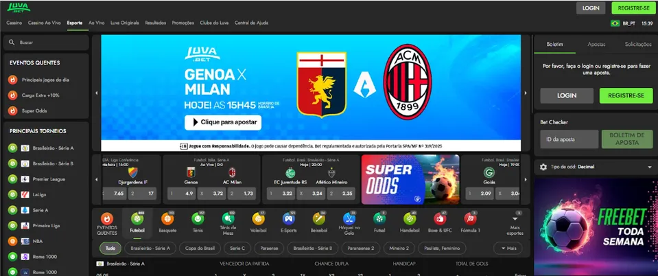 A imagem mostra a tela de acesso da página de esportes da Luva.bet. O site destaca as Super Odds, que liberam prêmios aumentados, e o jogo Genoa contra Milan, pela série A do campeonato italiano