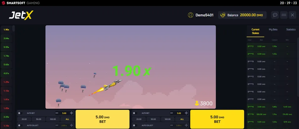 Crash Games: tela com um jogo de avião, estilo crash games, e algumas informações sobre as apostas de outros jogadores