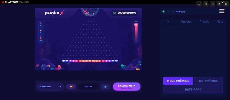 Plinko X: imagem do jogo, bem colorido, principalmente com tons de roxo.