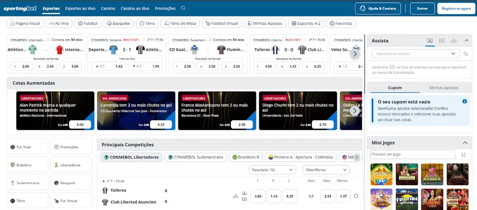 Página principal da casa de apostas Sportingbet que mostra os eventos mais populares, as ofertas de super odds e diferentes jeitos de apostar