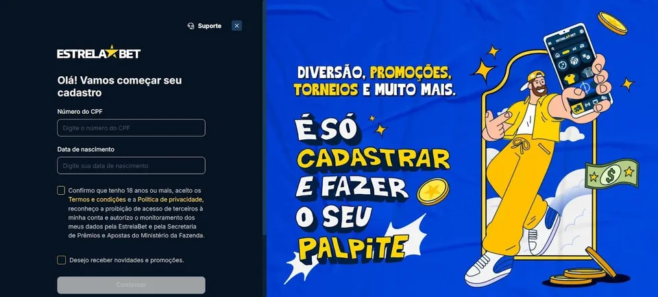 Tela de Cadastro da Estrela Bet, com uma imagem cheia de cores da plataforma, como amarelo e azul.