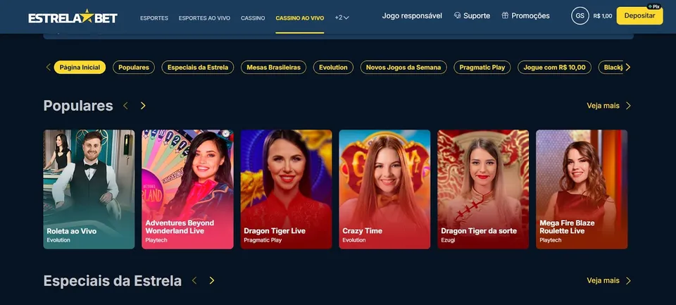Página de Jogos de Cassino Ao Vivo Estrela Bet