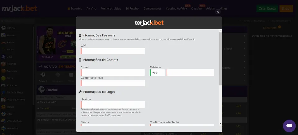 Cadastro na Mr.Jack Bet