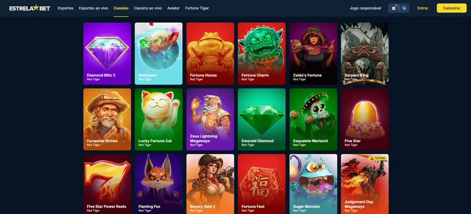 Red Tiger Slots: fundo escuro, com imagens de jogos de cassino, na plataforma da EstrelaBet