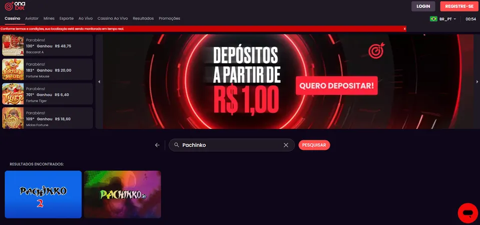 Imagem da plataforma Onabet com o slot Pachinko em destaque na pesquisa, com fundo marcante em tons de vermelho, seguindo a identidade visual do site.
