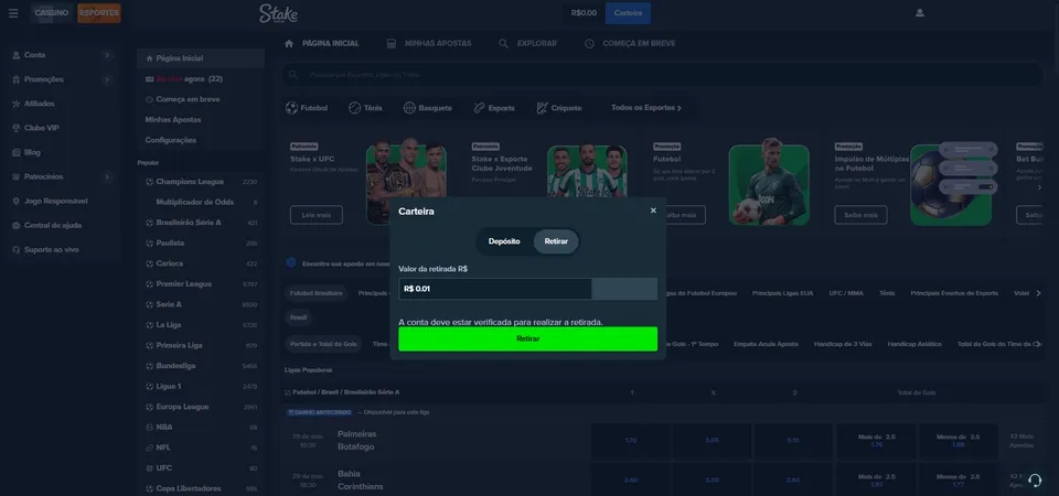 Pix Stake: tela com opções de como sacar na casa de apostas com segurança