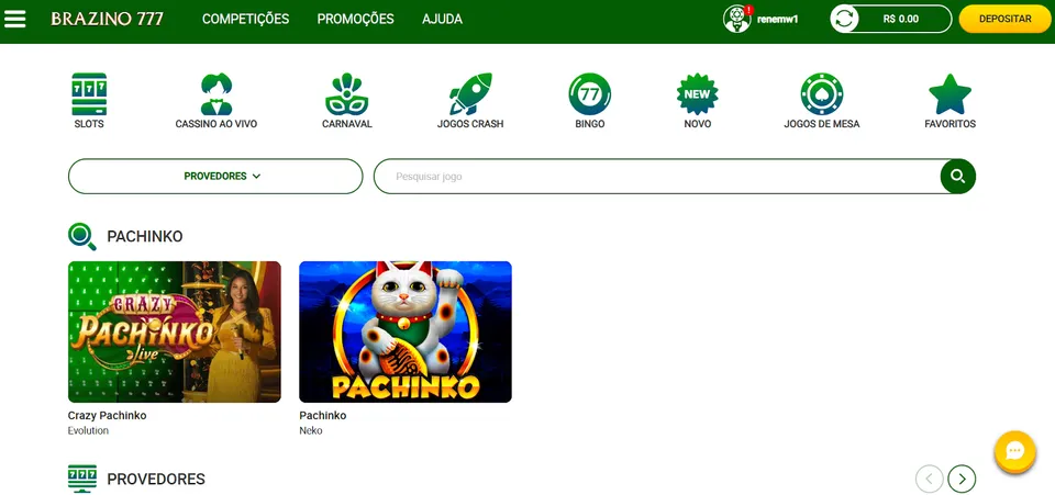 Tela do cassino Brazino com destaque para o slot Pachinko nos resultados de busca, com interface em tons de verde e branco.