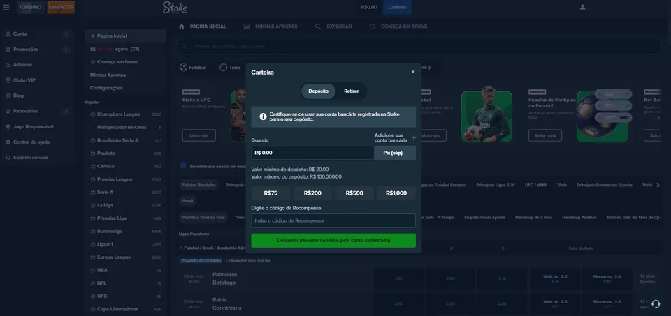 Pix Stake: tela com opções de como depositar na casa de apostas com segurança