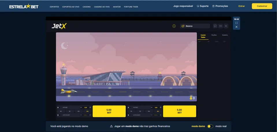 Imagem mostra JetX EstrelaBet em fundo azul escuro com um avião se preparando para decolar