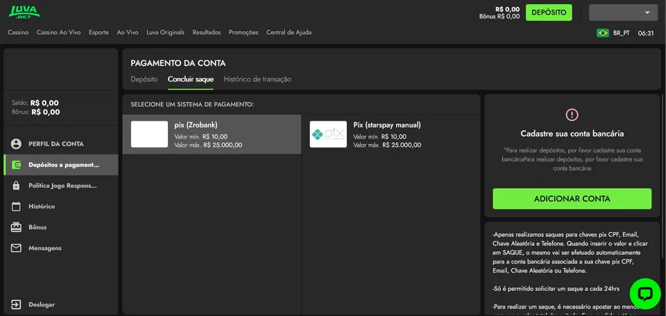 Pix Luva Bet: tela com fundo preto e detalhes em verde com as opções de saque da casa de aposta Luva Bet, sendo acessada por um computador