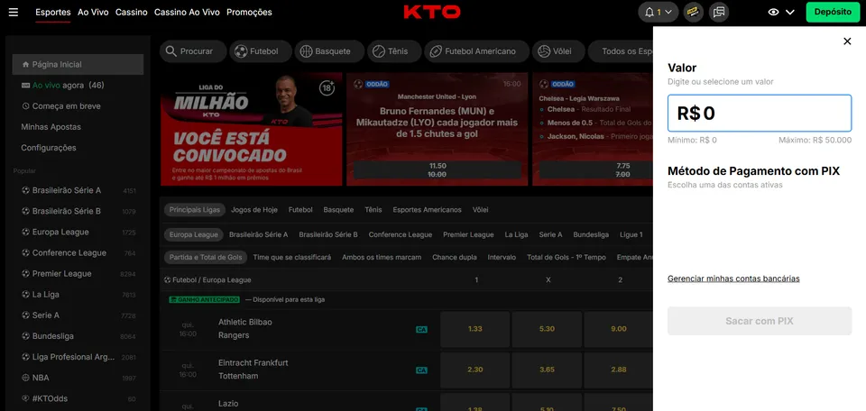 Interface de saque via Pix na KTO, exibindo campo de valor, limite de R$0 a R$50.000 e botão “Sacar com PIX” desabilitado.