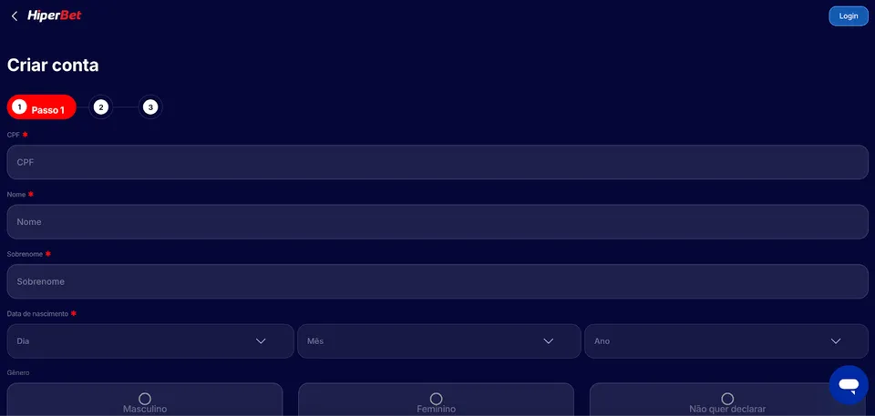 Hiperbet Brasil: tela com as opções de criação de conta na casa de apostas, com os campos para inserir dados pessoais