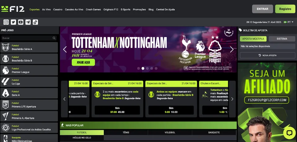 Imagem da página inicial da F12 Bet, com fundo preto e destaques em verde, e um banner do jogo Tottenham x Nottingham
