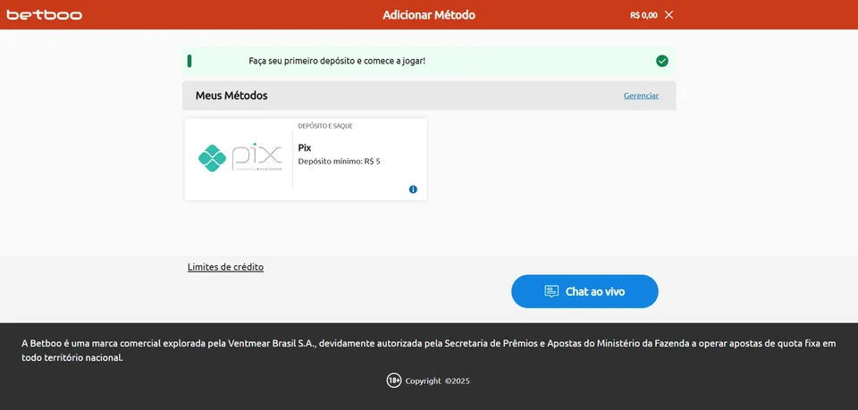 Betboo Depósito com Pix: área de depósito da plataforma, com diversas informações, com tons claros e vermelhos.
