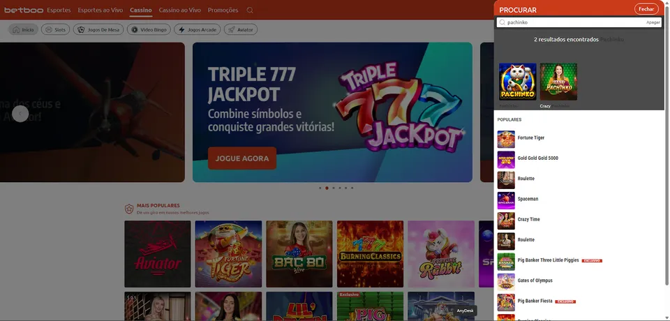 Imagem da plataforma Betboo exibindo diversos slots coloridos, com destaque para o jogo Pachinko em meio a uma interface vibrante com tons predominantes de vermelho.