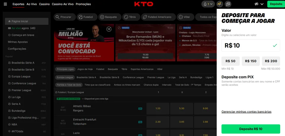 Tela de depósito da plataforma KTO, mostrando opções de valores via Pix, com depósito mínimo de R$10 e máximo de R$50.000.