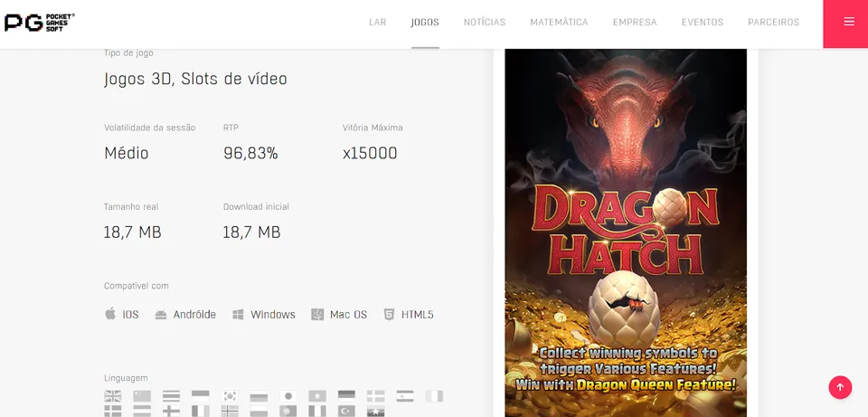 Imagem com informações do slot Dragon Hatch em destaque, fundo branco e visual colorido à direita.
