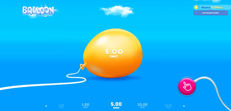 Slot de Centavos Esportes da Sorte: fundo azul com balão amarelo no centro, uma nuvem acima, com um botão rosa para apertar antes que o balão estoure em jogo de cassino