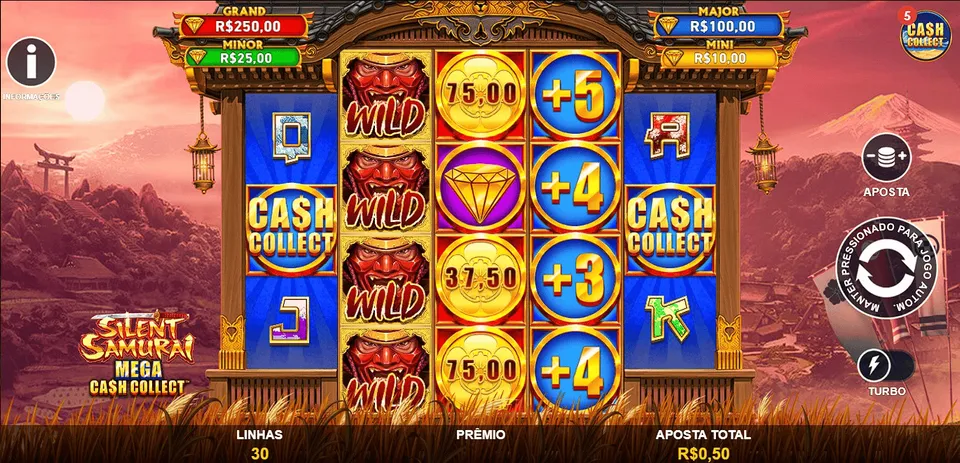 Slot 10 Centavos Betano: tela do Silent Samurai, com fundo de oriente e símbolos de dimante, números e faces orientaisjogo de caça-níquel