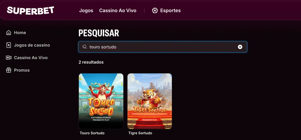 Cassino Superbet com fundo preto e destaque para os slots Touro Sortudo e Tigre Sortudo, jogos populares de caça-níquel online.