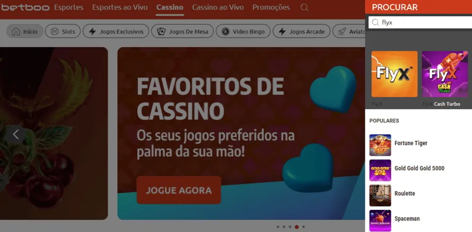 FlyX Cassino: página de pesquisa do cassino Betboo