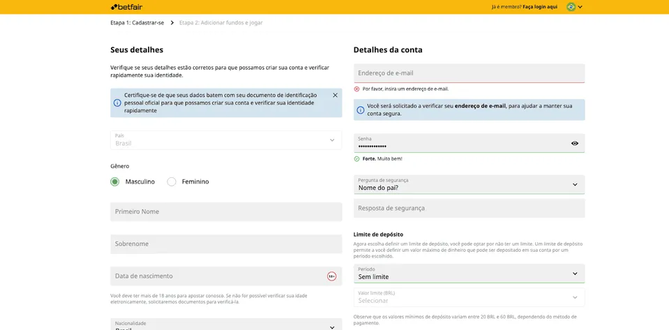 Pix Betfair: tela de criação de conta na casa de apostas Betffair