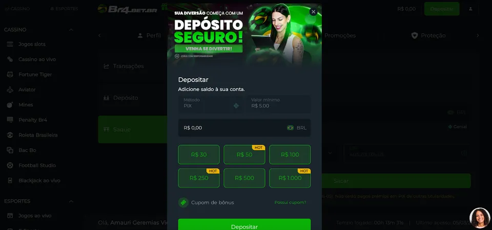 Pix na Br4Bet. Imagem com os valores dos depósitos, na imagem tem uma mulher fazendo um depósito, com cores verde, branco e preto, sendo cores da plataforma