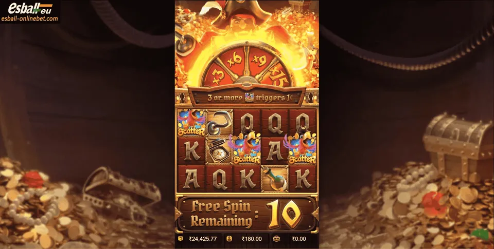 Slot 10 Centavos Esportiva Bet: fundo de dinheiro, moedas, baú de pirata, com simbolos de letras, fogo e piratas num jogo de cassino