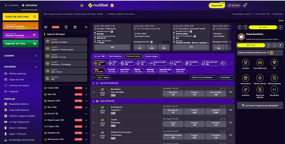 Multibet Login: tela com os mercados de apostas da plataforma