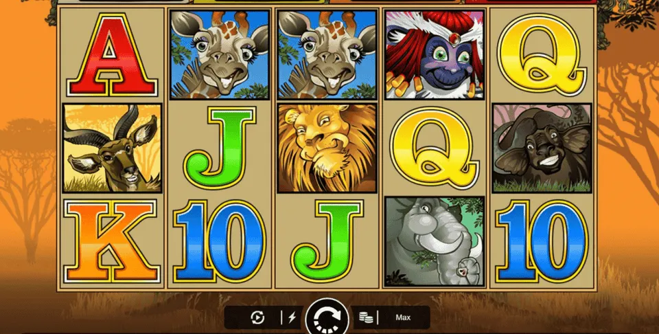 Slots com Jackpot: fundo de savana africana, com letras, números e animais africanos num jogo de cassino