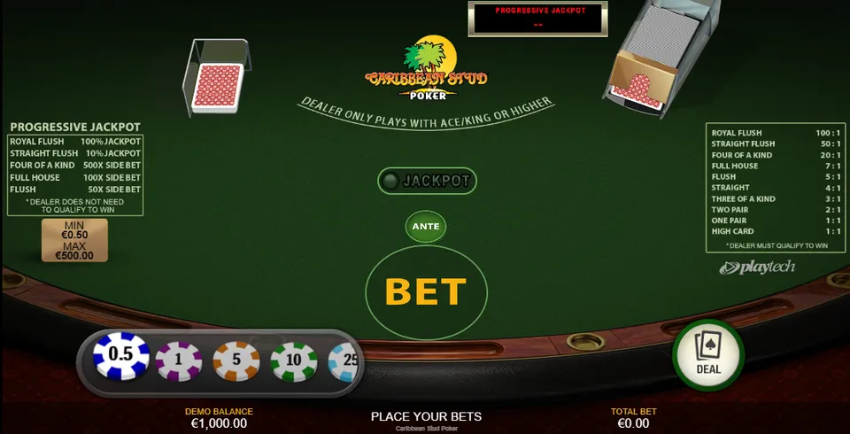 Jogos de Poker: imagem da mesa do jogo de cassino Caribbean Stud Poker, com fundo verde e botões para fazer apostas de cassino