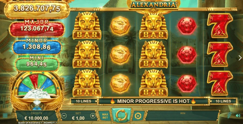 Slot com Jackpot: fundo com tema de egito, com alguns símbolos do Egito, números e pedras preciosas em jogo de cassino