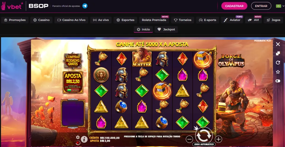 Tela do jogo Forge of Olympus no cassino online VBET, com destaque para o bônus de até 5000x a aposta e recurso de compra de rodadas grátis. Jogue slots online da Pragmatic Play.