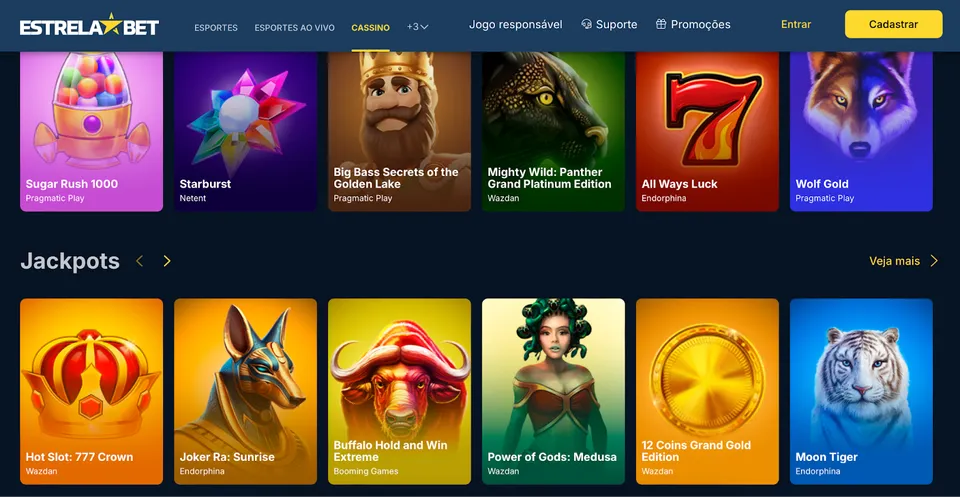 Jogar Buffalo Win na Estrela Bet, imagem muito chamativa e bem colorida, com o fundo nas cores do cassino, amarelo e azul.