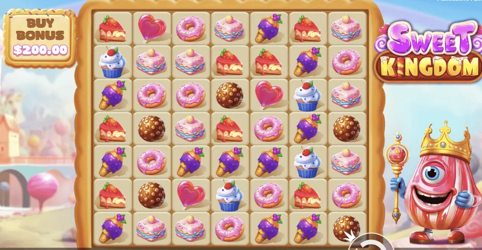Slot 10 Centavos F12bet: fundo de loja de doces, com bala com um coroa de rei no canto direito, com doces e chocolates no centro de jogo de cassino