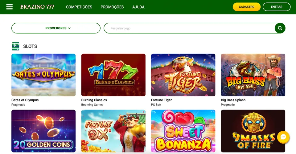 Brazino Jogar Buffalo Win Cassino, imagem da página do cassino com diversos slots e bem colorida