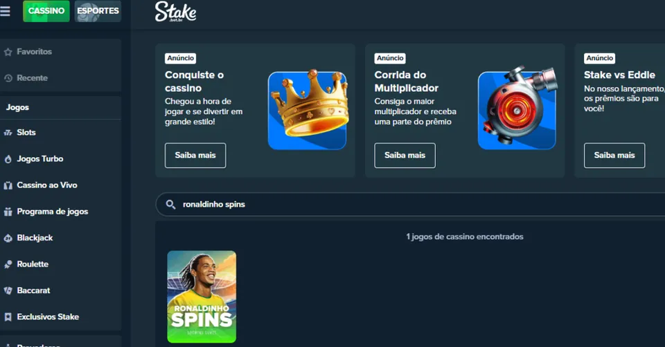 Ronaldinho Spins: tela de pesquisa do site oficial da Stake Brasil