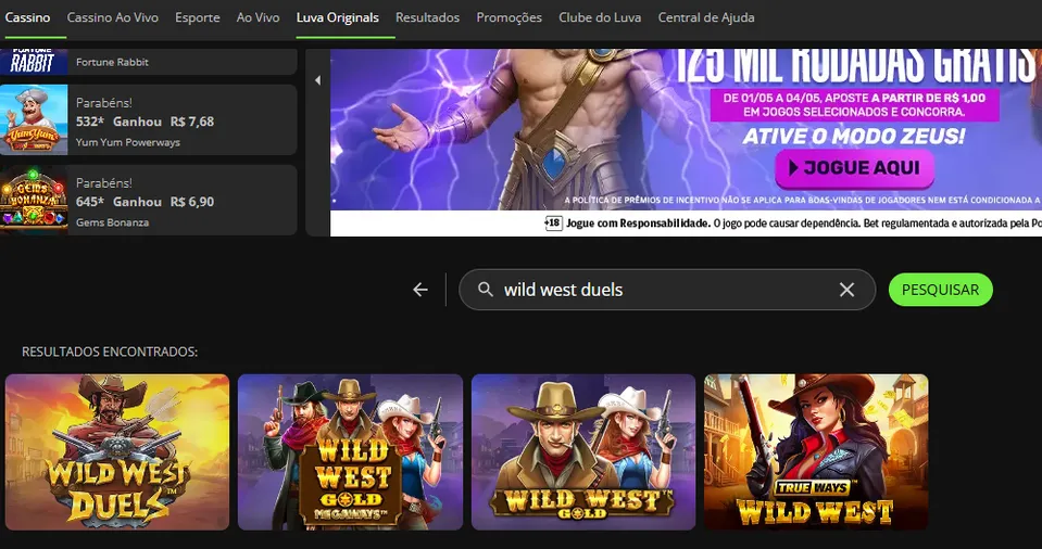 Imagem do Luvabet exibindo resultados de busca para o jogo "Wild West Duels". A tela mostra quatro opções de jogos com temática do Velho Oeste, cada uma com ilustrações de cowboys e cowgirls. Há também um banner promocional no topo e uma barra de pesquisa com o termo digitado.