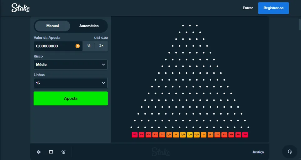 Plinko Stake: plinko jogado na própria plataforma da Stake, com a imagem dele e informações no canto esquerdo, tudo em tons de cinza e verde.