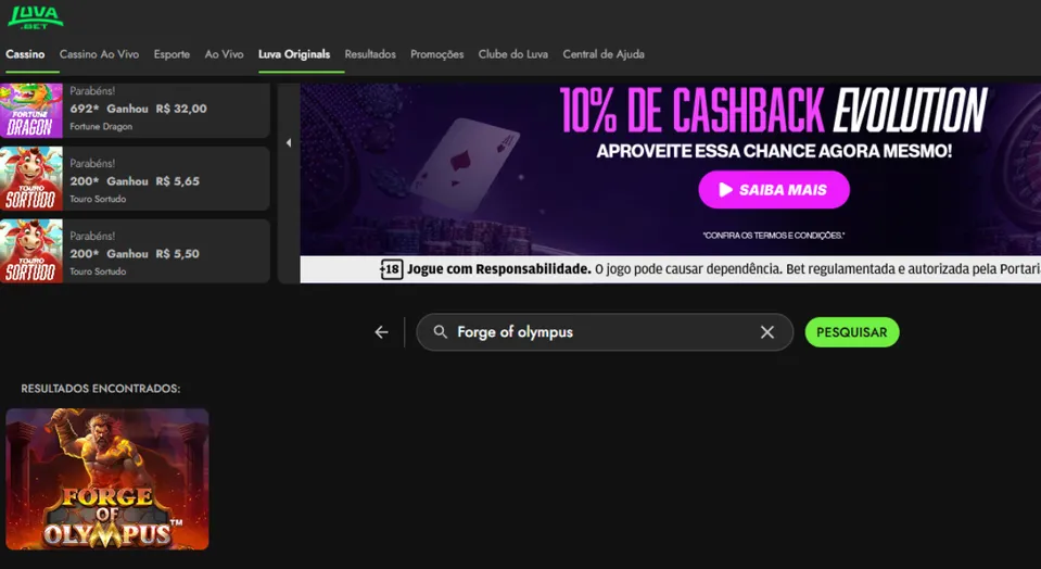Tela do site da Luva Bet mostrando o resultado da busca pelo slot Forge of Olympus, com destaque para o jogo da Pragmatic Play. Interface apresenta categorias como Cassino, Cassino Ao Vivo, Esporte, Luva Originals, e promoções de cashback. Ideal para quem procura jogar Forge of Olympus na Luva Bet com segurança e bônus.